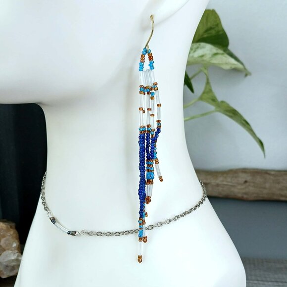 Beaded Fringe Dangle Earrings, Seed Bead Jewelry, Boho Chic Statement 5" - Picture 1 of 9